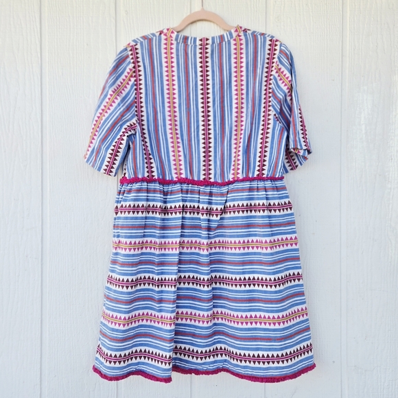 Boden Made In India V Neck Striped Dress Fringe Short Sleeve Blue Pink sz 12 - Picture 2 of 5